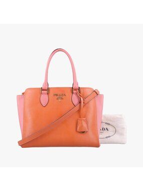 Prada Milano Metal Triangle Logo Orange Pink Saffiano Leather Messenger Bag